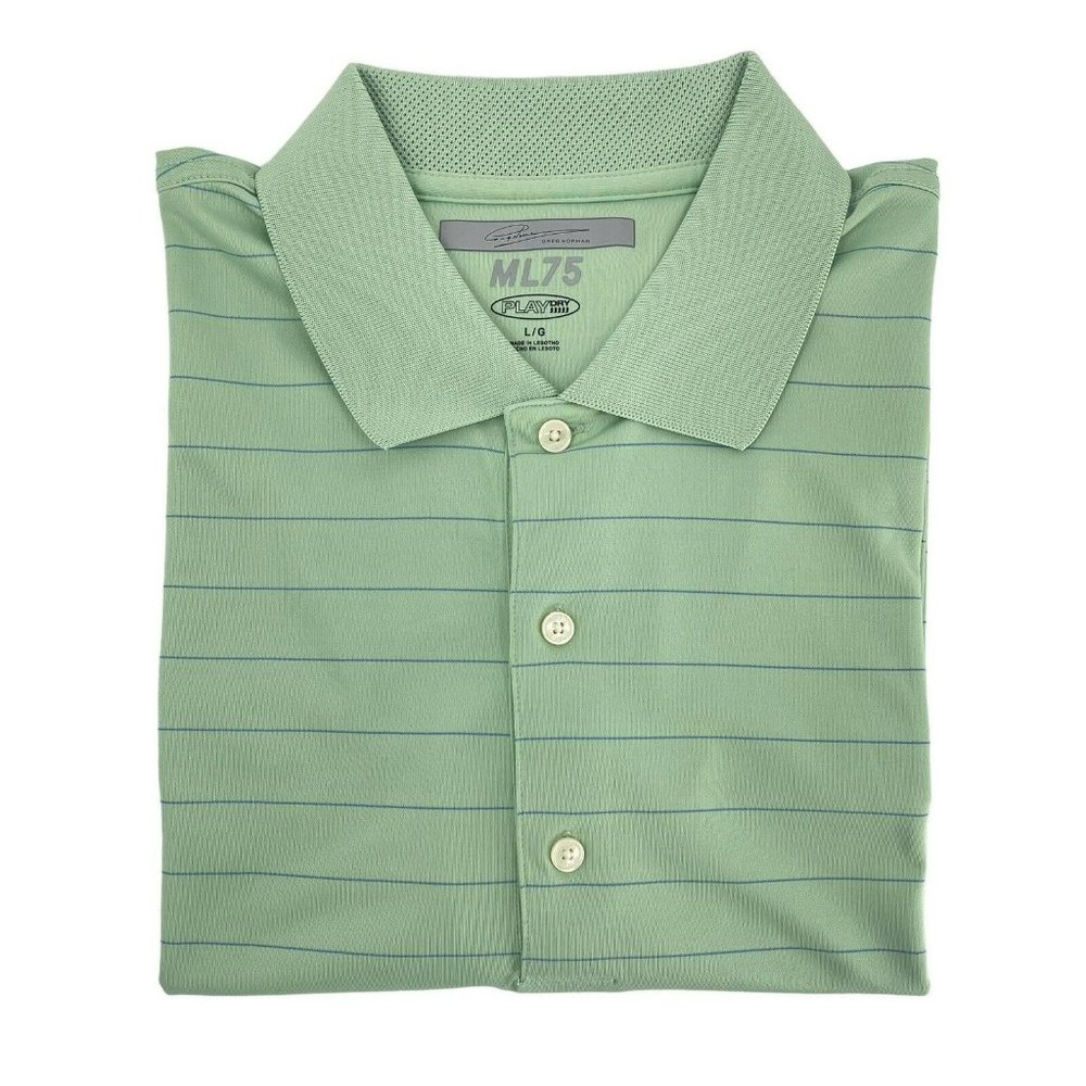Greg Norman Play Dry ML75 Mens Large Polo Golf Shirt Green w/ Blue Stripe